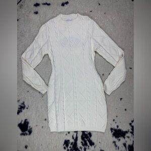 Women’s White Knit High Neck Long Sleeve Mini Sweater Dress